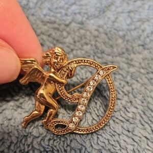 Gold Tone Angel Pin/Brooch with D Initial, Crystals, Mother's Day